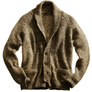 青果领毛衣男复古外套欧美简约修身粗线衫翻领插肩袖羊毛针织开衫