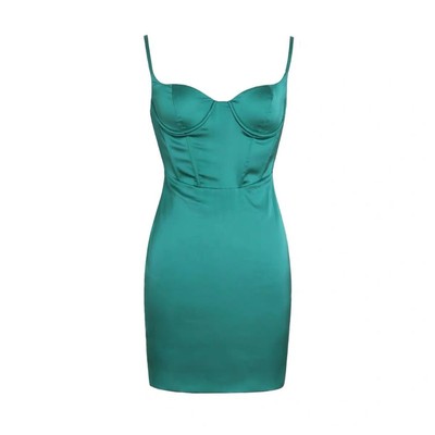 性感蓝色缎面吊带包臀连衣裙