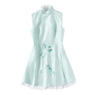 夏家风 中式复古双宫真丝刺绣花蕾丝边显瘦修身唐装旗袍连衣裙