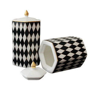 现代简约糖罐陶瓷罐摆件黑白格样板房储物罐样板间欧式创意糖果罐