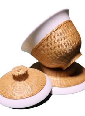 非遗功夫茶具特色扣碗瓷胎竹编