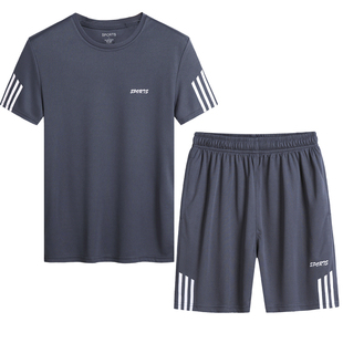 夏季中年男士短袖t恤套装薄款 夏天中老年人爸爸装宽松跑步运动服