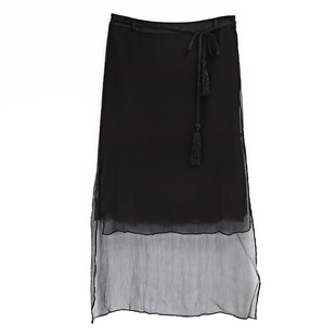 孙娘娘复古风流苏腰带真丝半裙侧开叉气质修身黑色小包裙女夏新