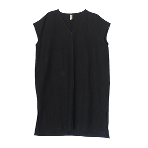 布麻范原创设计 艺术系水洗麻做旧黑色V领过肩袖连衣裙