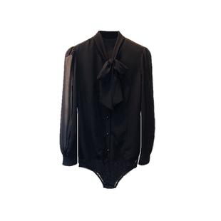 新款秋装宽松时尚雪纺蝴蝶结连体衬衫女长袖气质职业连裆衬衣