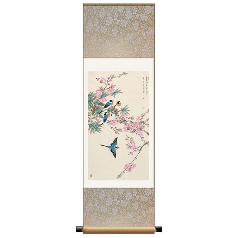 桃花国画四喜图丝绸卷轴画风水好运招财挂画送客户礼品挂画玄关画