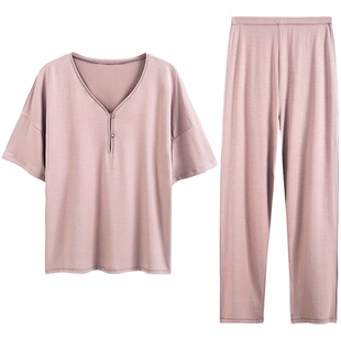 睡衣女士夏季莫代尔棉绸短袖家居服夏天薄款中年妈妈宽松两件套装