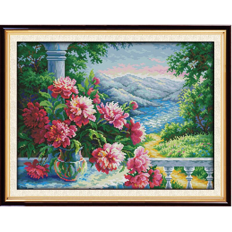 玫瑰花瓶与远山十字绣欧式油画