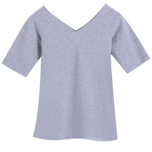 五分袖t恤女大双V领鸡心领中袖纯棉打底衫运动舞蹈紧身露背上衣春