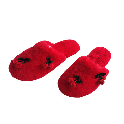 可爱新款樱桃毛绒防滑红色拖鞋
