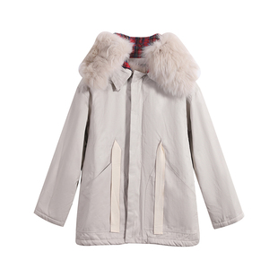 CAN冬季新款 毛毛领皮草拼接带帽保暖棉服宽松中长款少女外套
