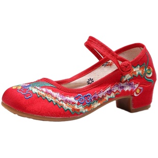 老北京绣花布鞋女中跟汉服搭配中国风复古时尚内增高古装绣花女鞋