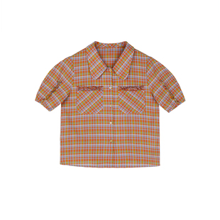 猫橘桃子 强推！可爱又复古 活泼又耐看的彩色格纹羊腿袖短袖衬衫