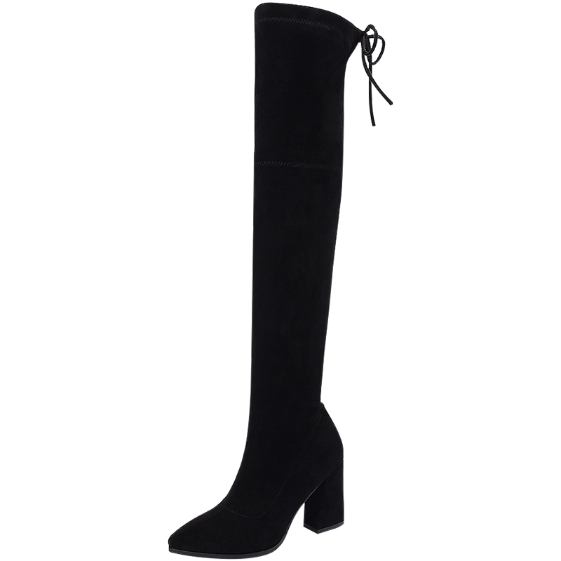 过膝长靴女靴高跟靴粗跟尖头2019秋冬季新款sw5050弹力过膝靴棉靴