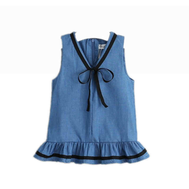 韩版女童宝宝无袖蝴蝶结系带荷叶边牛仔连衣裙 V字领牛仔背心裙