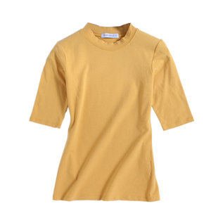 棉中袖T恤女修身半高领紧身外穿五分袖韩国黑色打底衫秋女装上衣