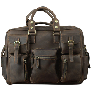 欧美时尚复古疯马皮男包真皮多口袋单肩手提斜挎包15寸电脑邮差包