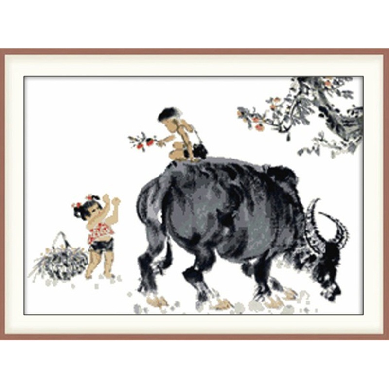 牧童十字绣水墨画牛图案放牛娃