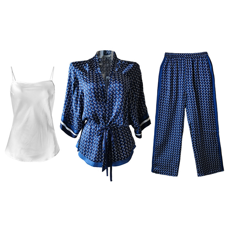 蕾恰100真丝睡衣女夏天三件套装舒服桑蚕丝春夏季新款大码家居服