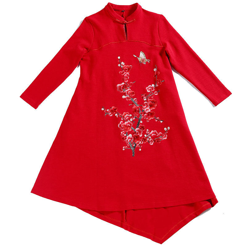 新中式连衣裙春秋女安娜滕复古国风刺绣梅花盘扣中长不规则旗袍裙