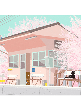 猫之四季车站樱花房间日式风挂画