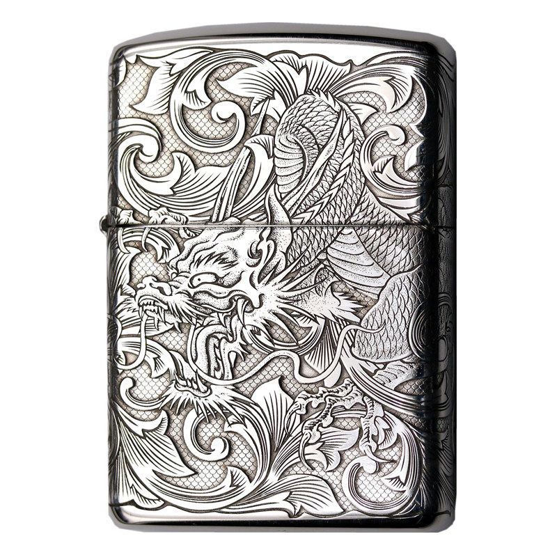 zippo纯银盔甲蚊版富贵唐草龙纹