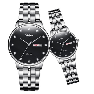 onlyou双日历防水一男一女时尚潮流石英表男学生钢带手表女士腕表