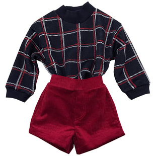 韩国原装进口秋冬款男女童舒适时尚加厚长袖套头衫灯芯绒短裤套装