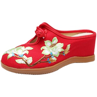 夏季绣花鞋老北京布鞋女拖鞋坡跟中跟内增高跟正品民族风新款复古