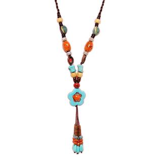 手工复古松石绿小花朵项链毛衣链女长款波西米亚生日毕业礼物包邮