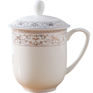 陶瓷酒店茶杯带盖骨瓷水杯景德镇办公会议金边杯子家用泡茶杯定制