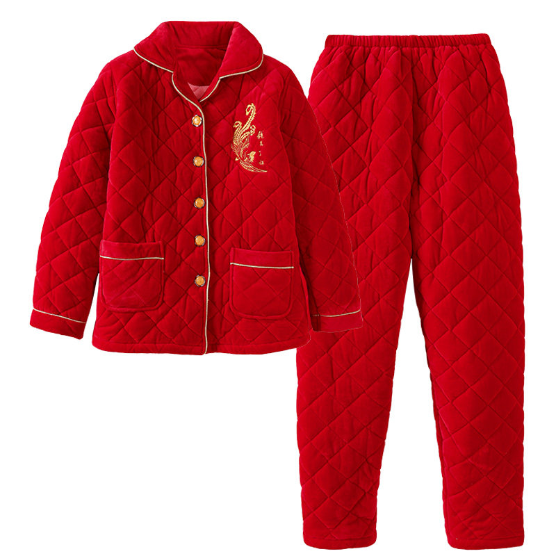 睡衣女冬季三层夹棉珊瑚绒加厚加绒法兰绒大红色本命年家居服套装