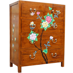 新中式田园家具香樟实木五斗橱柜储物彩绘装饰复古典卧室玄关客厅