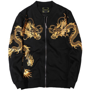 2025外套男潮牌潮流春秋季社会霸气烫金龙纹图腾青年棒球服 夹克