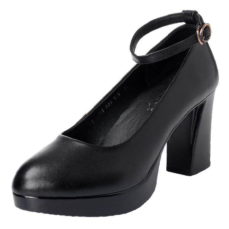 模特走秀真皮小码女鞋33一字扣防水台高跟鞋女粗跟厚底圆头工作鞋