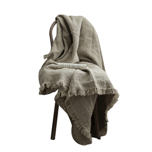 意大利订单 重磅酶洗400G/m加厚有分量双层纯亚麻手工撕边空调毯