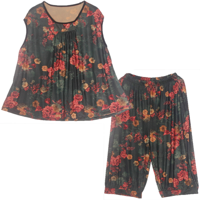 冰丝背心松紧高腰七分裤两件套