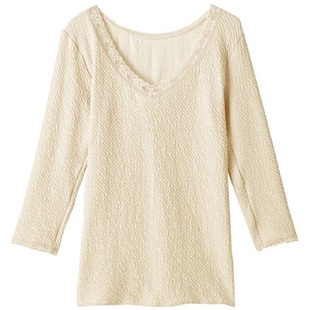 日本代购日本制保暖秋衣 八分袖打底内衬衣 双层凹凸波纹夹棉蕾丝