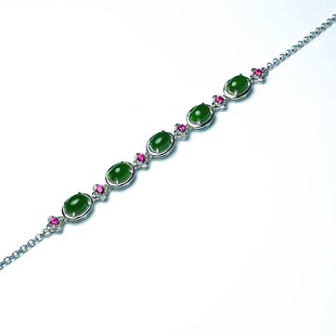 正品天然和田碧玉手链女款 925纯银镶翡翠玉石绿宝石蛋面手链手串