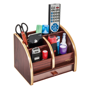 收纳盒办公文具用品桌面摆件复古笔筒办公室创意时尚遥控器名片座盒放笔盒整理组合笔座抽屉式整理盒木质笔筒