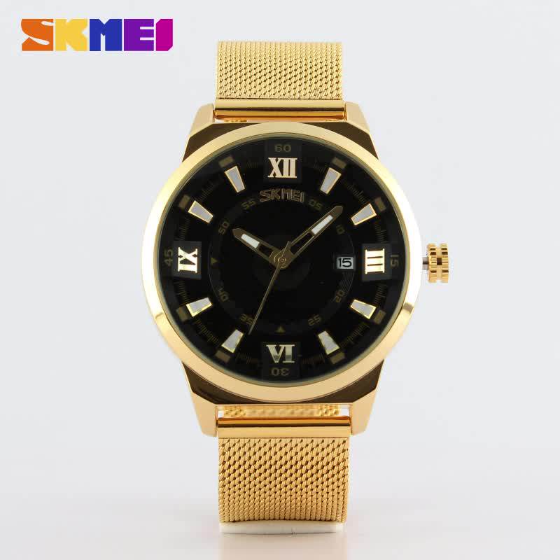 Skmei Waterproof Mens Japan Movt Quartz Stainless Steel Back Gold Watch