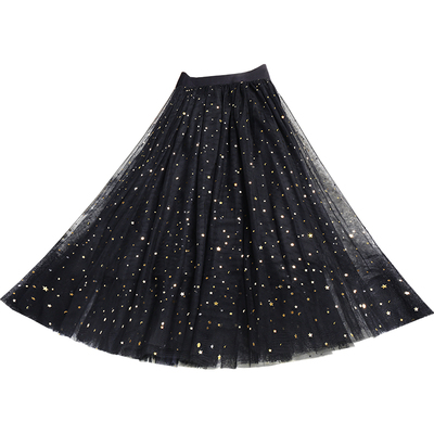 星星亮片网纱半身裙2026夏季黑色百褶裙显瘦中长款仙女亮闪闪纱裙