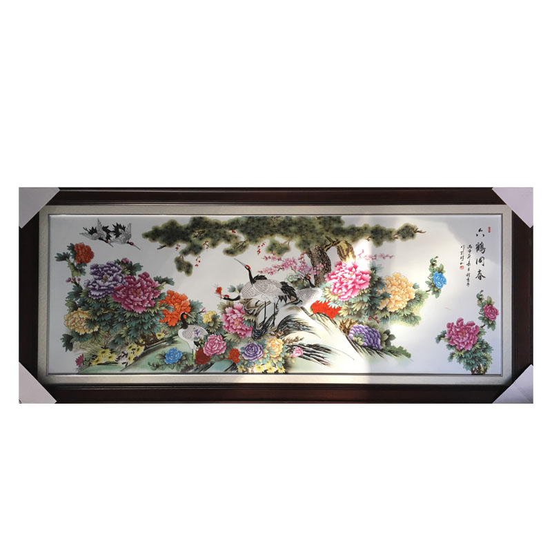手绘客厅沙发实木框花鸟瓷板画