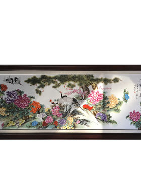 手绘客厅沙发实木框花鸟瓷板画
