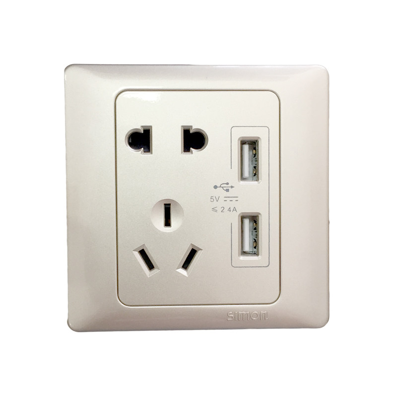 西蒙带双usb充电五孔插座面板 86型墙壁5孔开关插座家用5孔插座