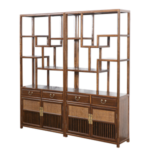 新中式古典博古架老榆木实木博古柜藤面多宝格书架展示架茶庄客厅