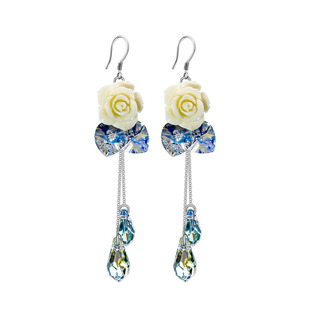 忆奴娇未央S925银饰品水晶耳环水滴长款花朵耳坠日韩气质耳饰甜美