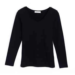 棉外穿内搭V领T恤女长袖修身显瘦韩范纯黑色打底衫秋冬女装上衣
