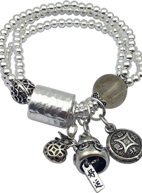 diy纯银复古钱袋吊坠情侣手链