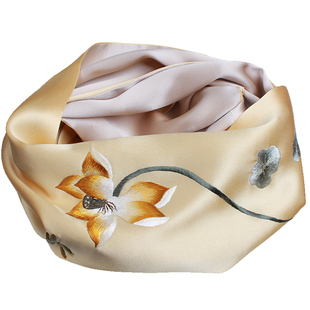 苏绣礼物双面真丝围巾女手工刺绣荷花桑蚕丝丝巾缎面丝绸披肩旗袍